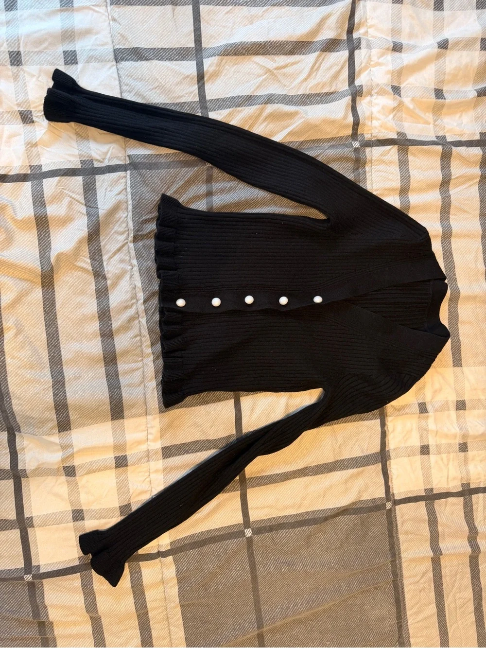 Commense - Black Ribbed Pearl-Button Cardigan - Picture 2 of 4